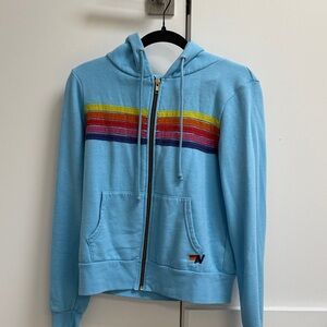 Aviator Nation Blue Hoodie with Rainbow Stripes
